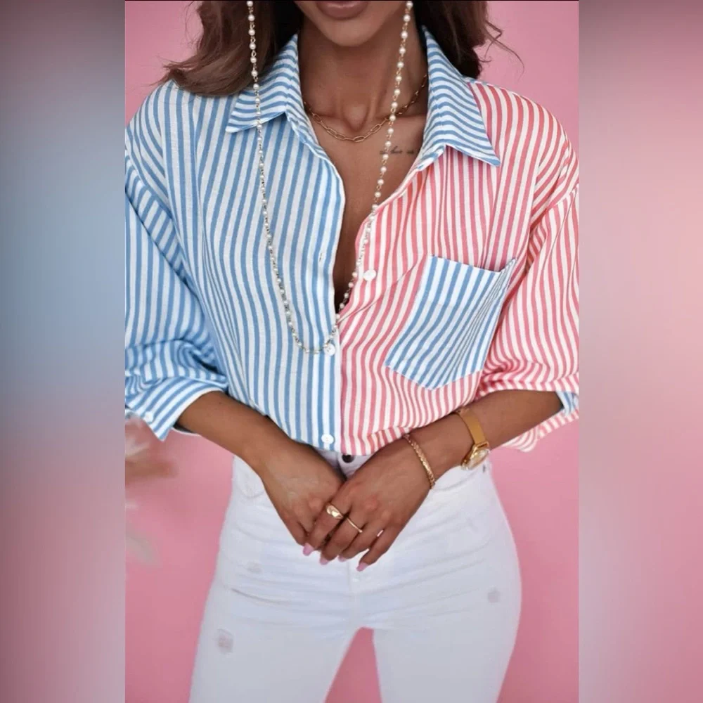 NEW - Women’s Sky Blue/Pink Contrast Striped
Print Shirt (Small) - Picture 5 of 7